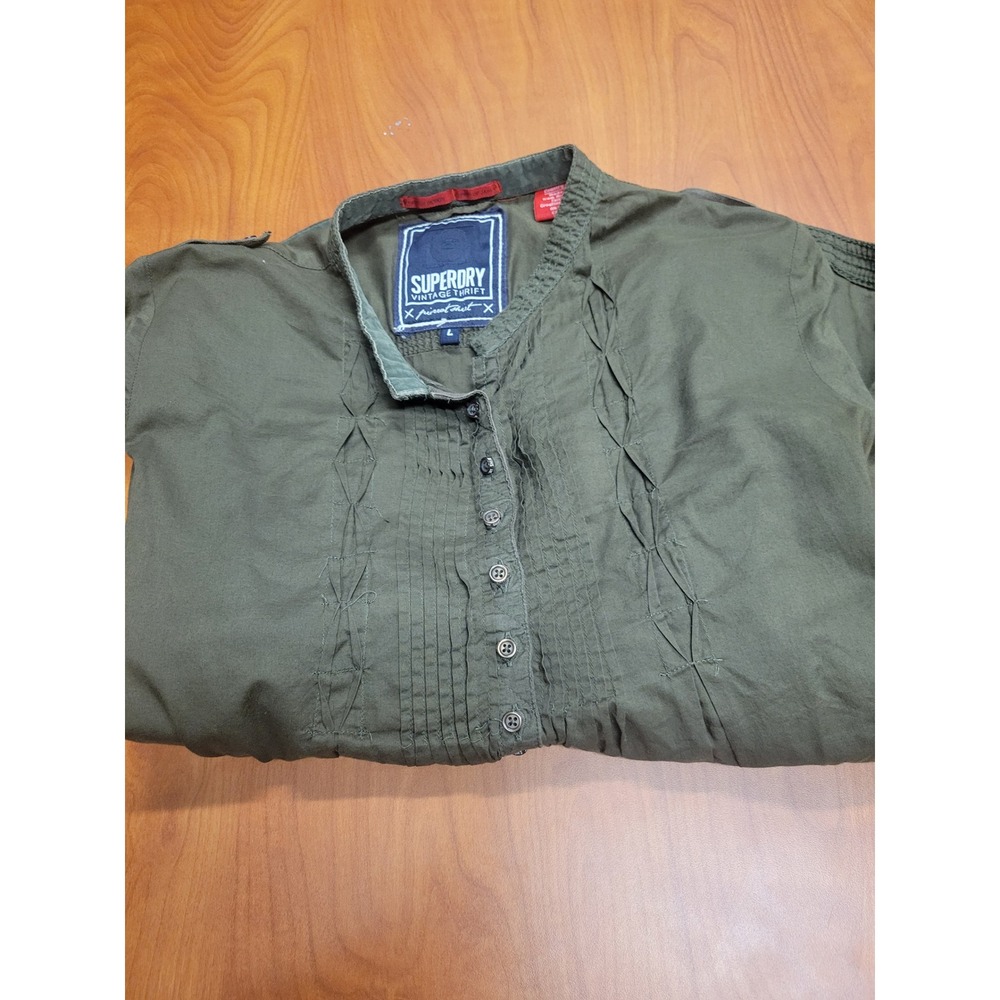 Superdry Vintage Thrift Pierrot Shirt Olive Green Pintuck Tunic Sz L Long Sleeve